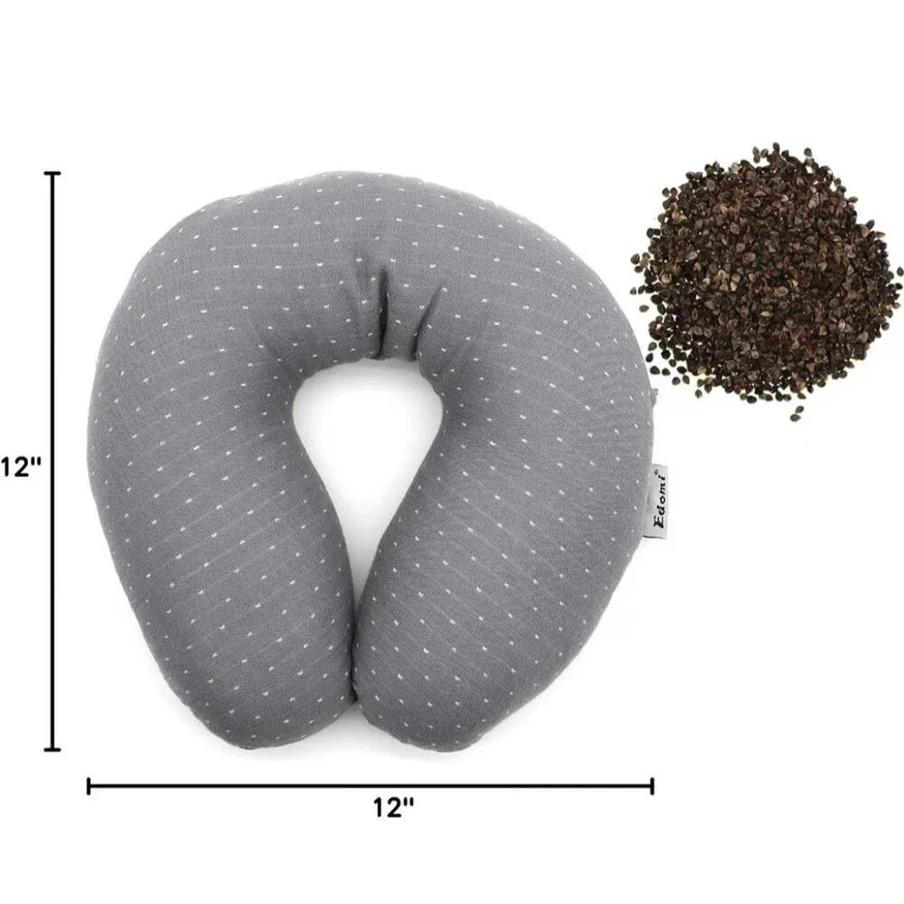 Buckwheat Hull U-Shaped Neck Pillow Adjustable,  with Pillowcase Grey